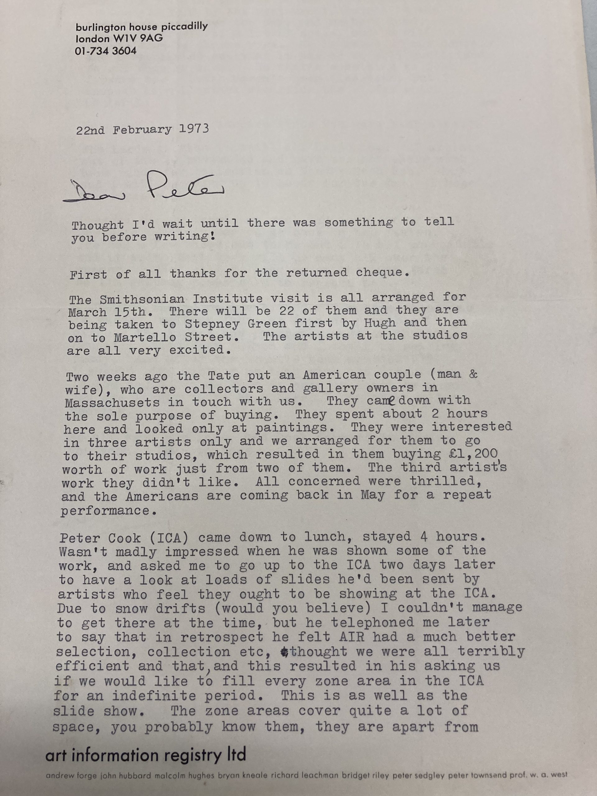 Letter to Peter Sedgley 8 Aug 1973 from Lindy C. Huthinson, Secretary of the RA (p1)